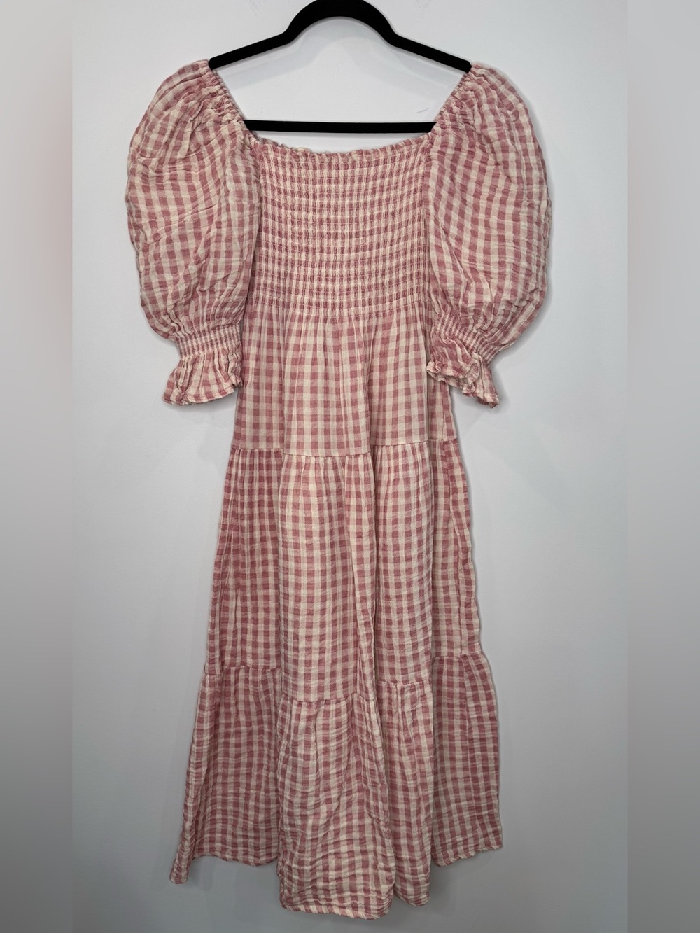 Nothing fits but Kiko Smocked Puff-Sleeve Gingham Maxi Dress Pink sz small - Picture 4 of 9